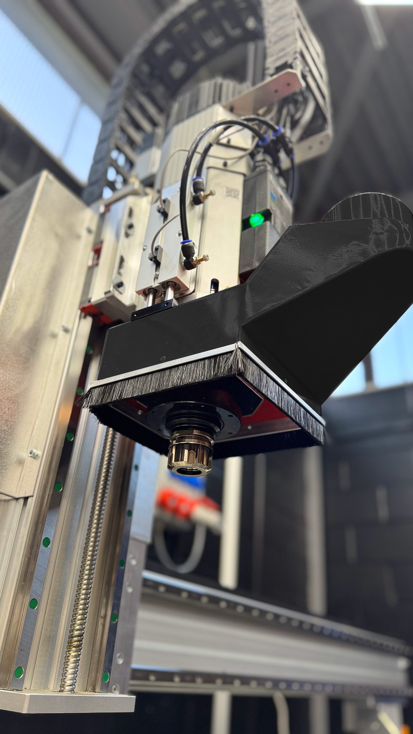 Black CNC dust shoe for clean and efficient cutting with Hybrid CNC routers